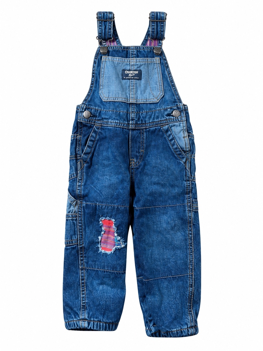 Oshkosh B’gosh Vestbak denim flannel red overalls, size 12 months